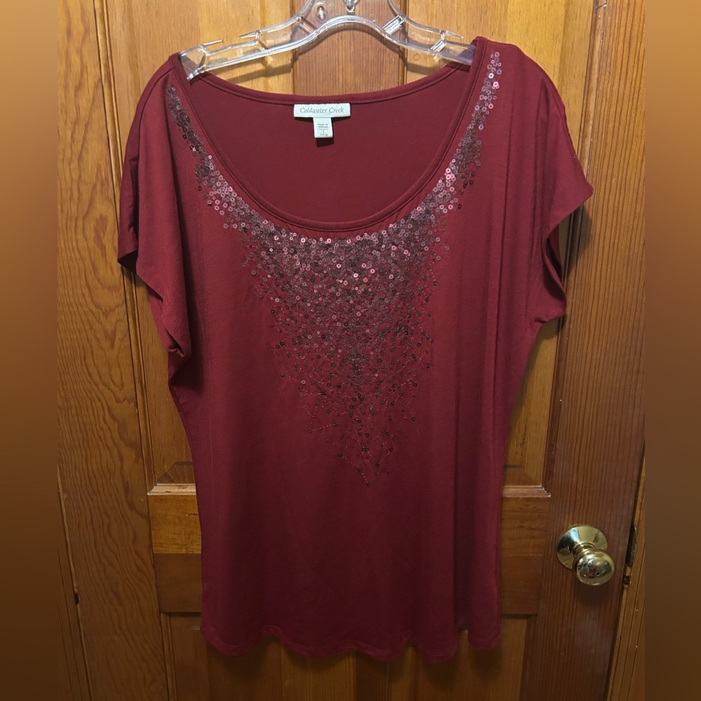 Coldwater Creek Deep Red Sequin Blouse L